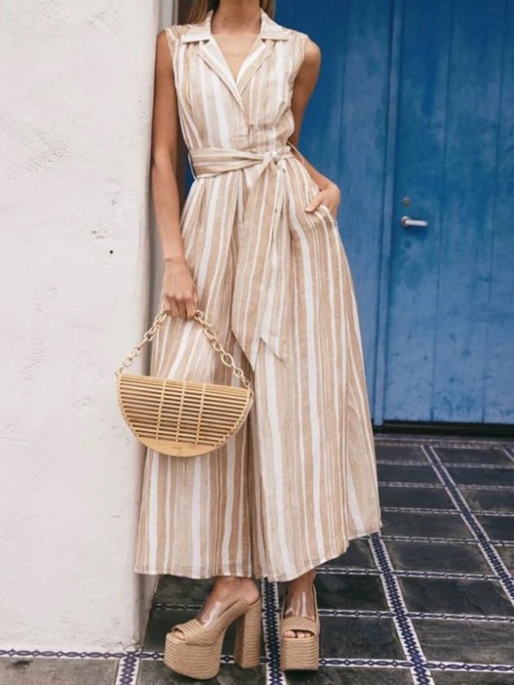 Cult Gaia Sybil Striped Linen And Silk-Blend Jumpsuit - Size L
